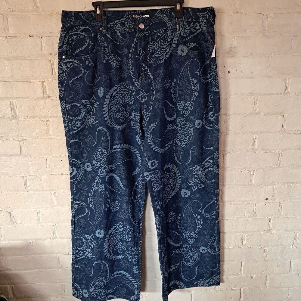 Womens 16 Plus Fashion Nova Paisley Dreams Jacquard Wide Leg Jeans Dark Wash NWT